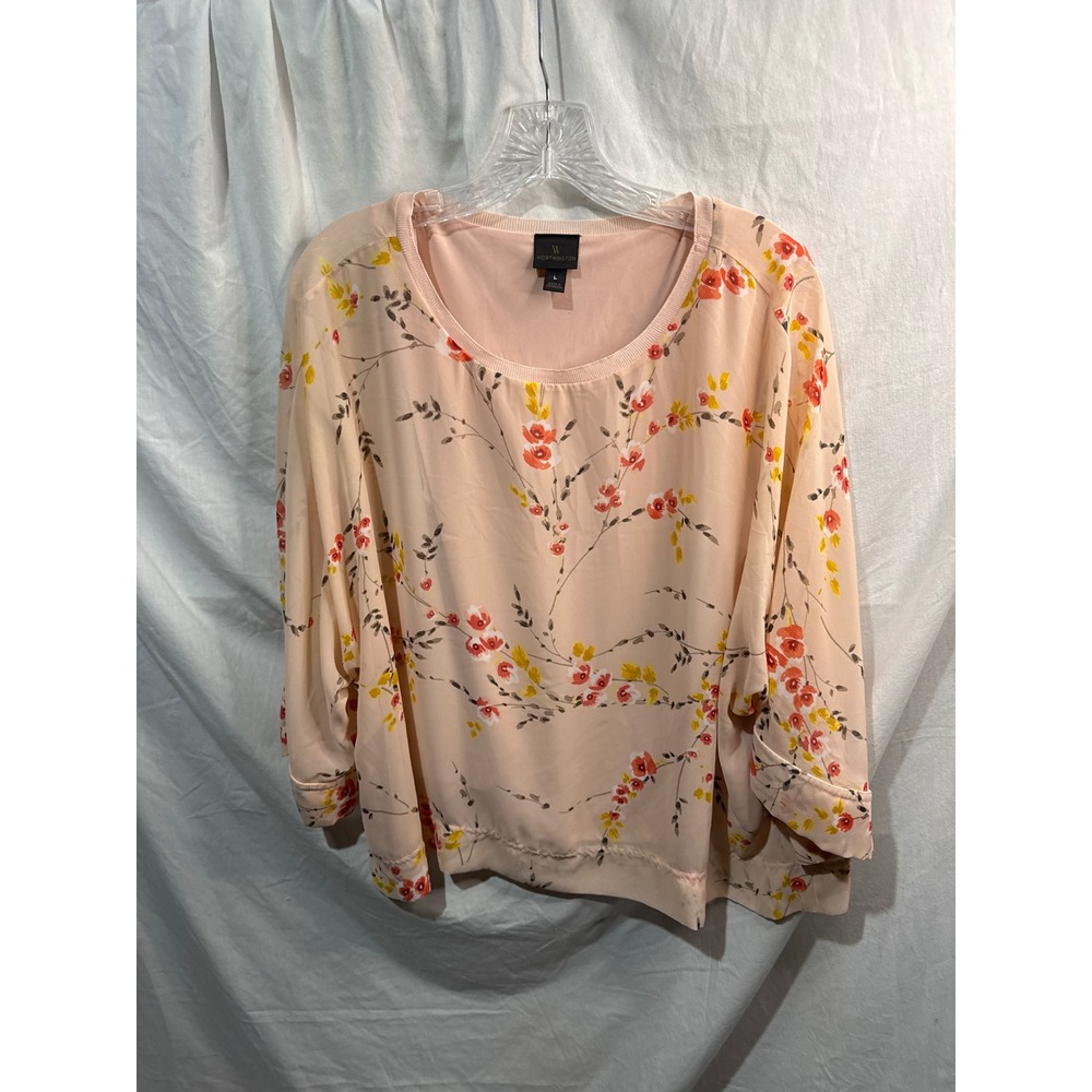 Worthington Peach Floral Print Blouse Cuffed 3/4 Sleeve Round Neck Top Large